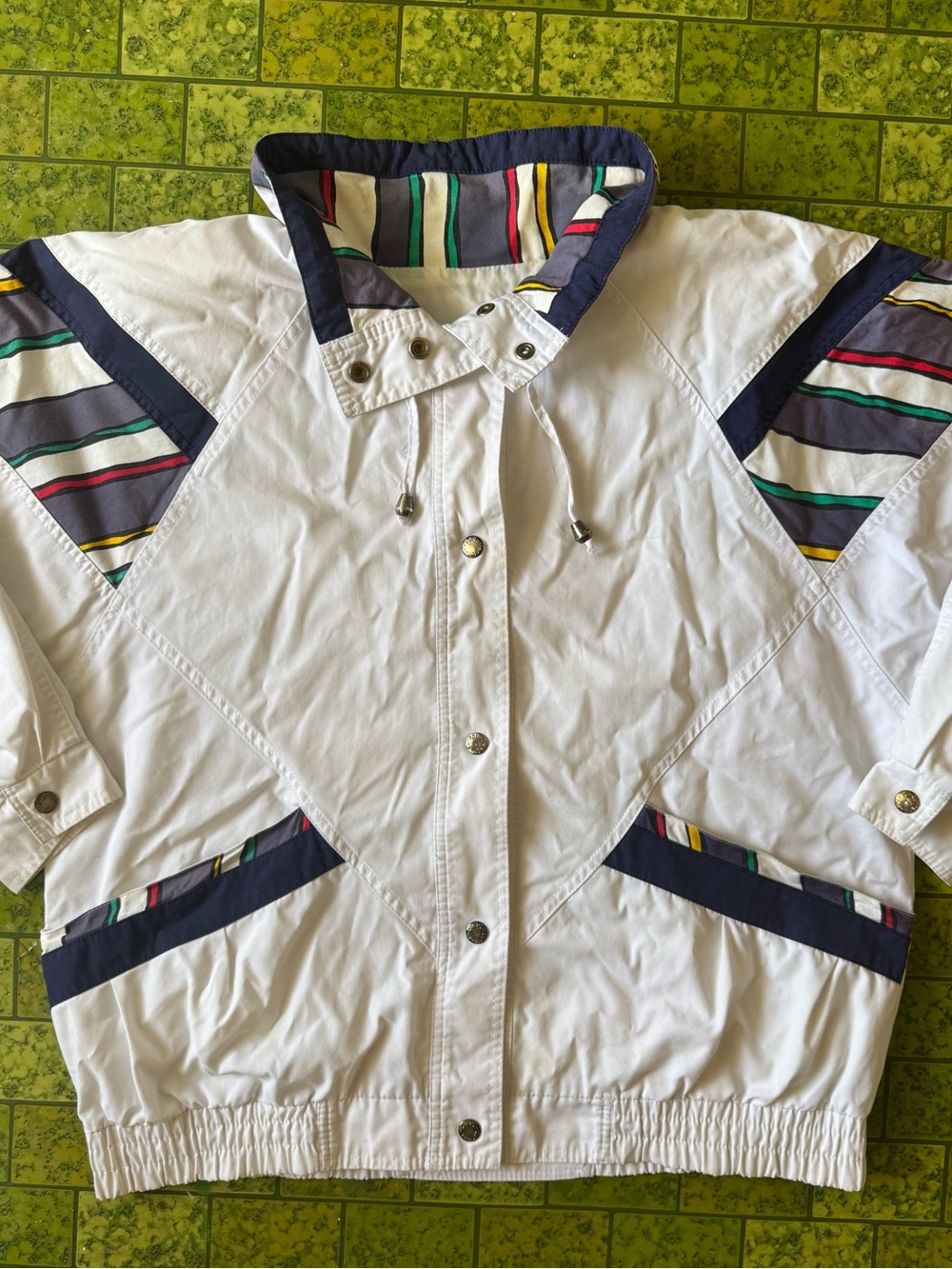 Vintage White Windbreaker Jacket with Multicolor Stripe Accents